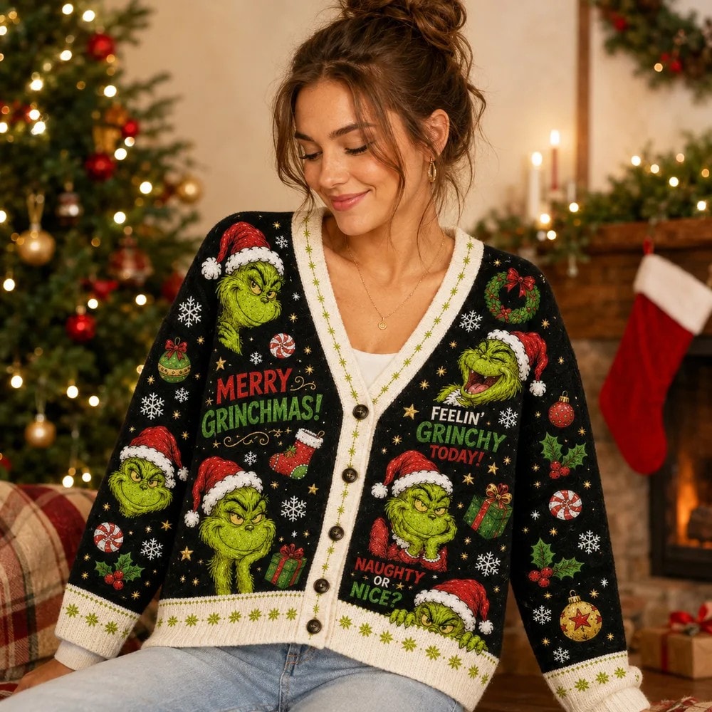The Mean One Holiday Cardigan, Grinch Green Knit Sweater Inspired by Whoville Christmas