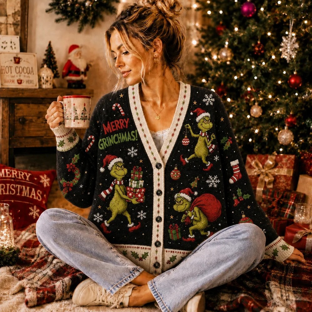 Grinch Sleigh Holiday Knit Cardigan, Whoville Green Christmas Sweater for Winter Parties