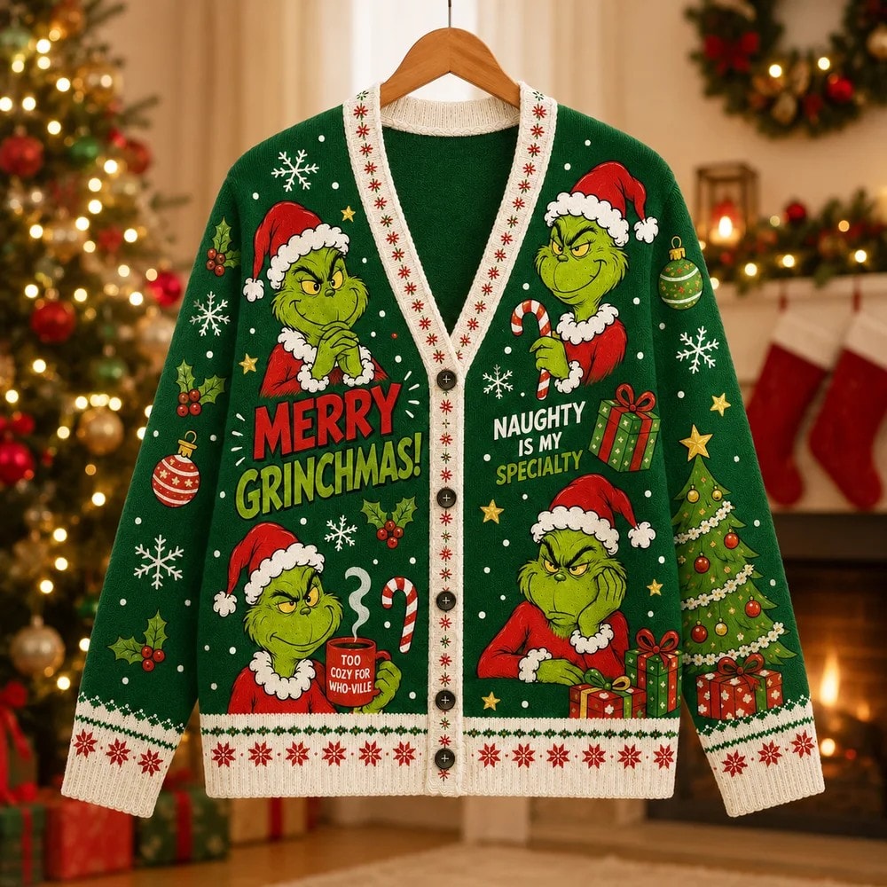 Max the Dog Christmas Cardigan, Grinch Whoville Green Holiday Knit Sweater for Fans