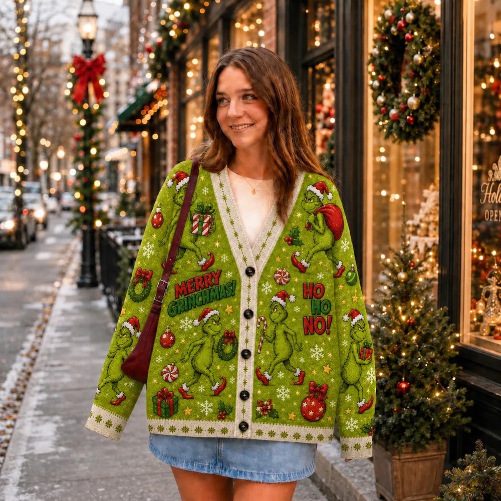 Christmas Mischief Knit Cardigan, Grinch Whoville Green Sweater for Holiday Party Style