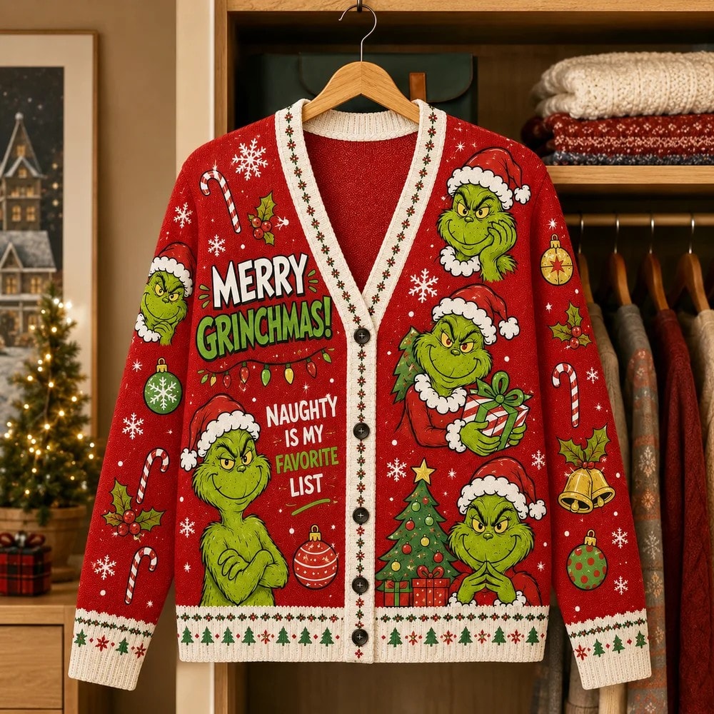 Classic Grinchmas Green Cardigan, Cindy Lou Who Whoville Holiday Knit Sweater Gift