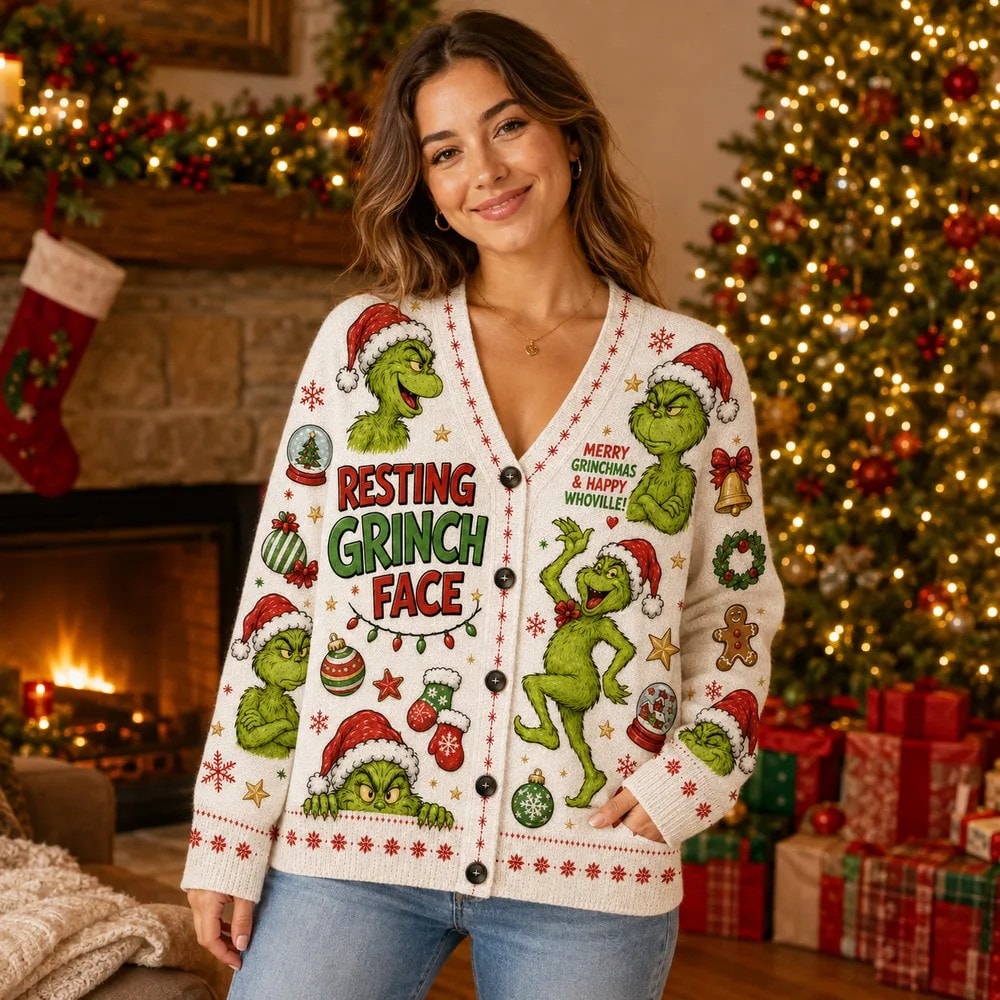 Whoville Christmas Party Cardigan, Merry Grinchmas Green Knit Sweater for Holiday Season