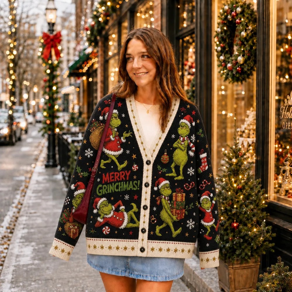 Mount Crumpit Christmas Cardigan, Grinch Inspired Green Holiday Knit Sweater for Fans
