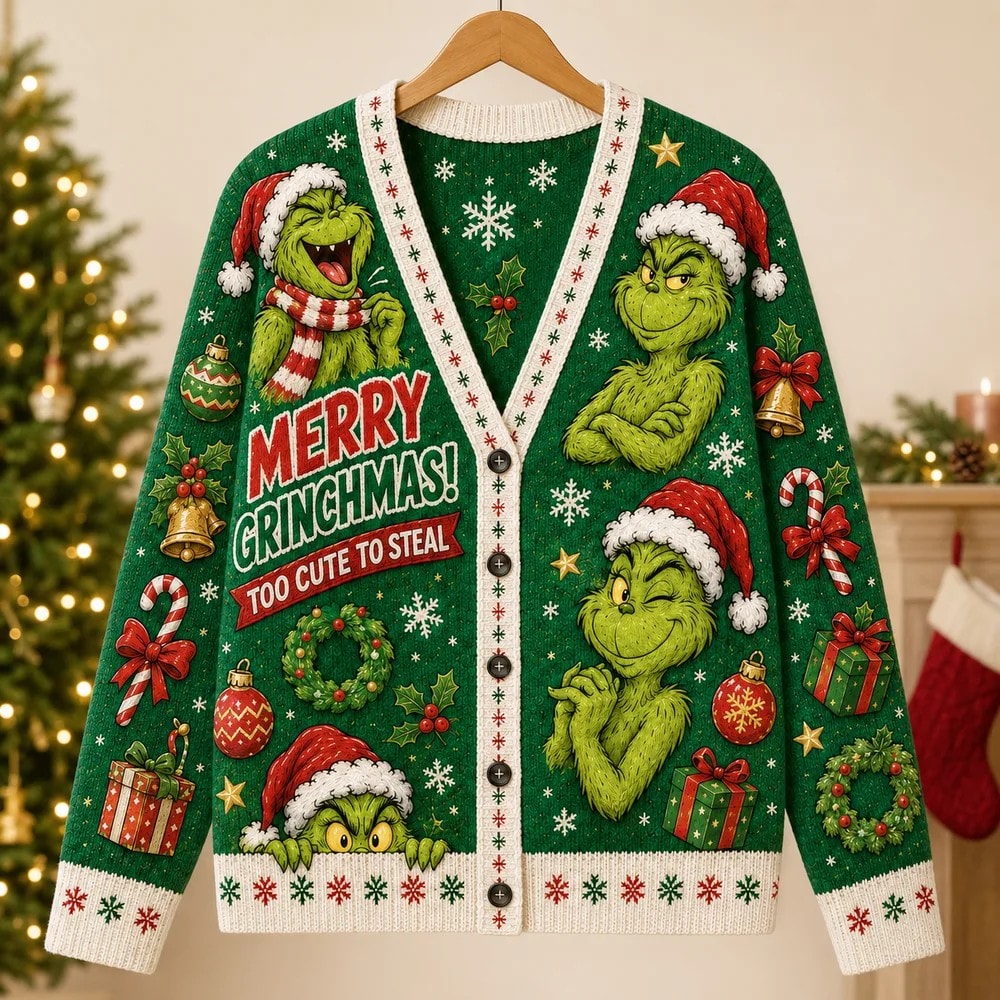 Who Feast Christmas Cardigan, Merry Grinchmas Holiday Knit Sweater with Whoville Style