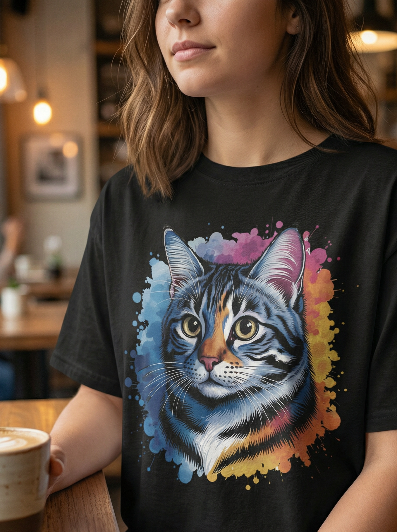 Watercolor Cat Head Printed Unisex Cotton T-Shirt